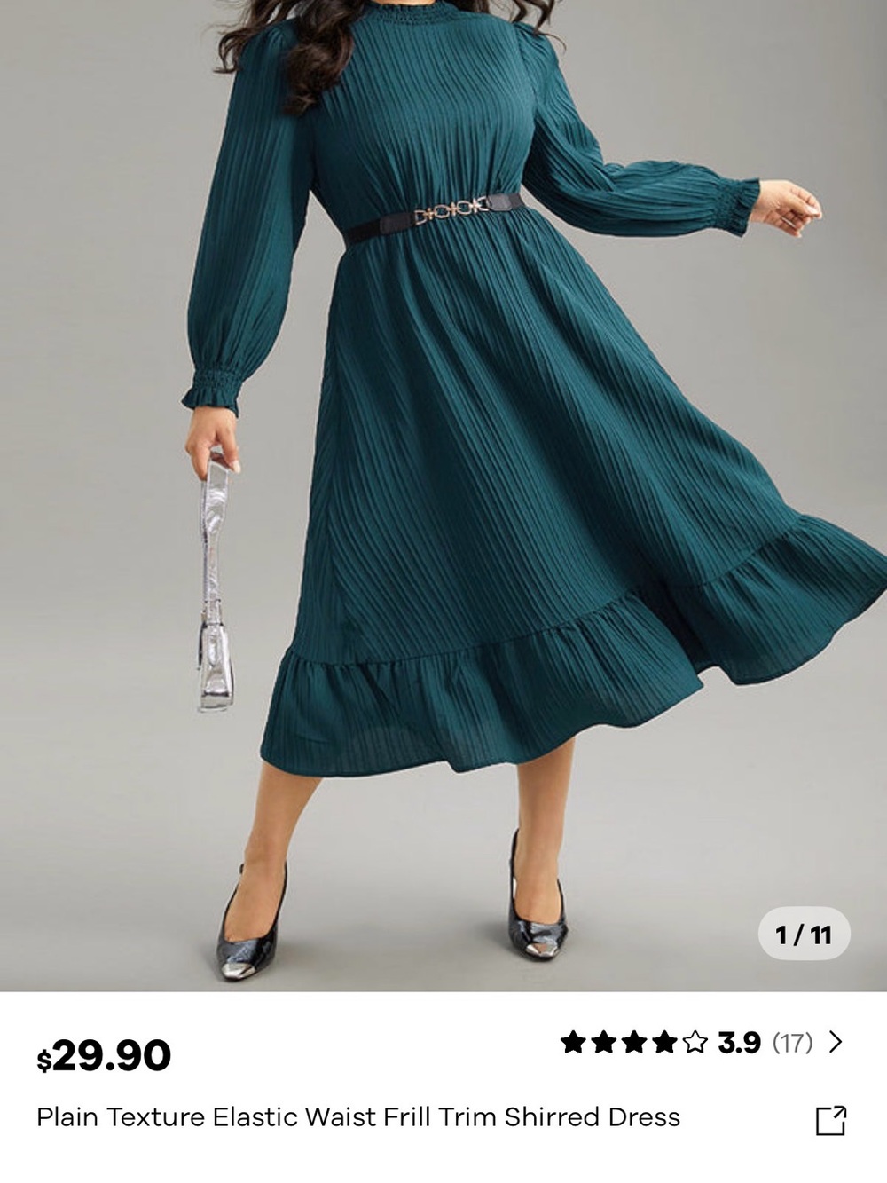 BloomChic Teal Pleated Long-Sleeve Midi Dress with Ruffle Hem